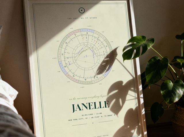 Flat lay of Synastral chart-wheel prints, star zines, and mini-reading cards in blue ink on cream paper